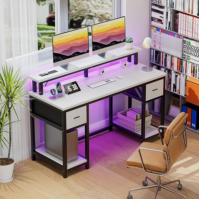 GreenForest Computer Desk with 2 Drawers and Power Outlets,50 Inch Office Desk with 2 Monitor Stands and Fabric File Cabinet, Reversible Gaming table with Led Lights and Shelves, Work Desk, White - LeafyLoom