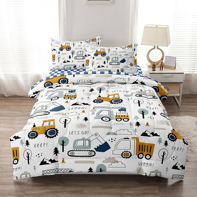 5-Pcs Construction Full Size Boys Bedding Set, Kids Comforter Set for Teens w/Sheets and Pillowcase, Soft Cartoon Tractor Cars Bed in a Bag Sets - LeafyLoom