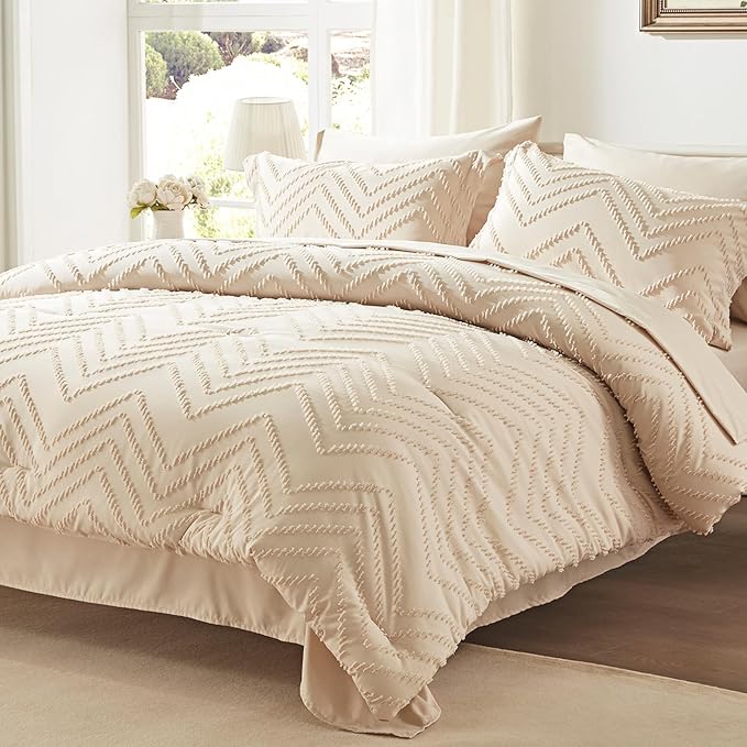 Anluoer King Bed in a Bag 7 Pieces, Beige Tufted Comforter Set with comforters and sheets, All Season Bedding Sets with 1 Comforter, 2 PillowShams, 2 Pillowcases, 1 Flat Sheet, 1 Fitted Sheet - LeafyLoom