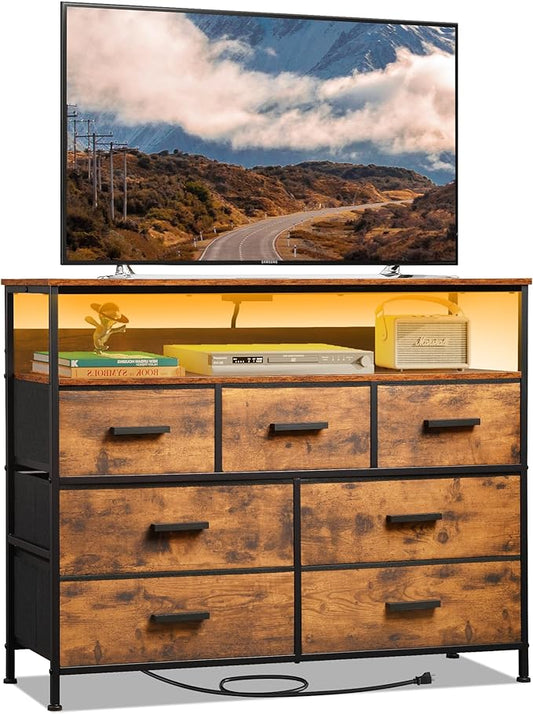 Dresser TV Stand with 7 Drawers, Dresser TV Stand with LED Lights & Power Outlets, Bedroom Dresser, Chest of Drawers up to 45'' Long TV, Wide Fabric Dresser with Open Shelf (Rustic Brown) - LeafyLoom