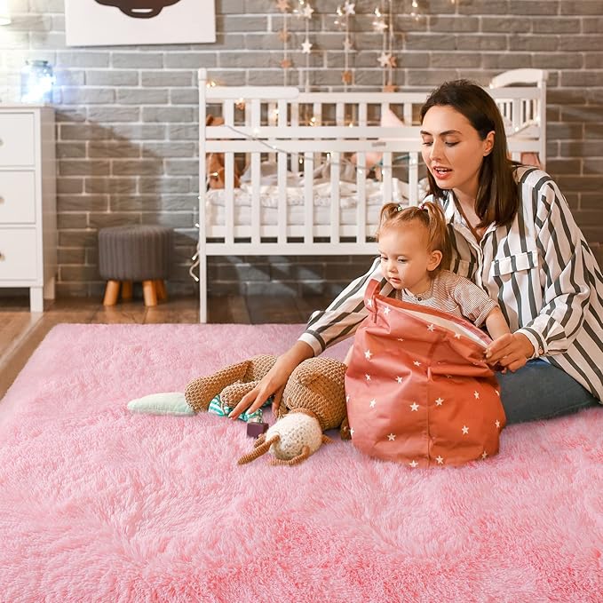 Super Soft Fluffy Shaggy Rugs 4x5.9 Feet for Living Room Bedroom, Fuzzy Plush Area Rugs for Girls Kids Room Nursery Home Decor, Furry Dorm Rug Cute Non-Slip Indoor Floor Carpet, Baby Pink - LeafyLoom