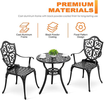 Nuu Garden Bistro Set 3 Piece Outdoor, Cast Aluminum Patio Bistro Sets with Umbrella Hole, Bistro Table and Chairs Set of 2 for Patio Backyard - LeafyLoom