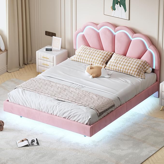 Queen Upholstered Smart LED Bed Frame with Elegant Flowers Headboard, Floating Velvet Platform LED Bed with Wooden Slats Support, No Box Spring Needed, Easy Assembly, Pink - LeafyLoom