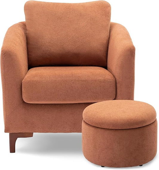 COLAMY Velvet Accent Chair with Storage Ottoman Set, Upholstered Barrel Arm Chair with Footrest, Living Room Chair with Back Pillow, Light Brown - LeafyLoom