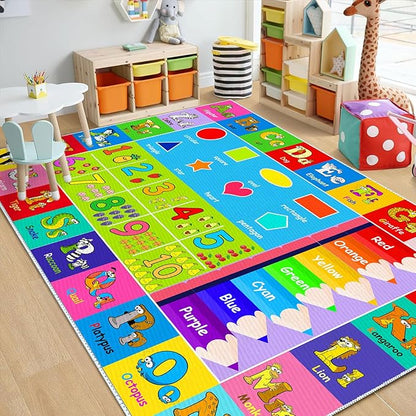 Kids Alphabet Play Game Rug - -4'x6' ABC Numbers and Shapes Educational Learning Toddler Carpet - Kids Room Playroom Classroom Kindergarten Activity Fun Soft Non-Slip Mat - LeafyLoom