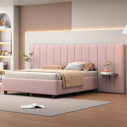 Queen Upholstered Platform Bed Frame with Extended Headboard and and Two Shelves, Velvet Bed, No Box Spring Needed, Pink - LeafyLoom