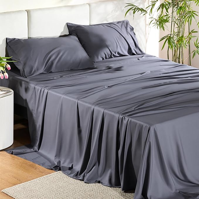 Bedsure Cooling Sheets for Full Size Bed, Viscose Derived from Bamboo, Deep Pocket up to 16", Breathable Soft Bed Sheets & Pillowcases, Dark Grey - LeafyLoom