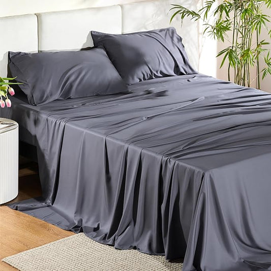 Bedsure Cooling Sheets for Full Size Bed, Viscose Derived from Bamboo, Deep Pocket up to 16", Breathable Soft Bed Sheets & Pillowcases, Dark Grey - LeafyLoom