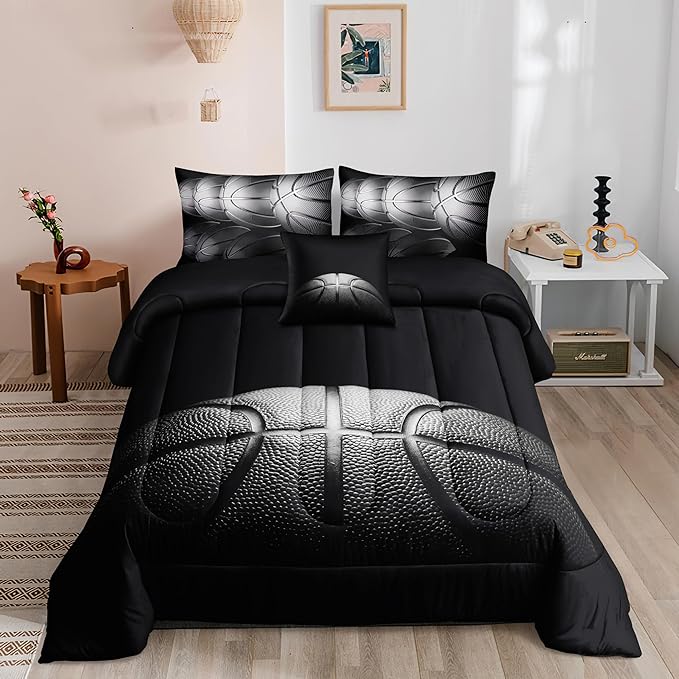 Basketball Comforter Sets,6 PCS Basketball Bedding Set for Boys,Kids Comforter Sets for Boys,Twin Black and Grey Comforter Sets for Boys,Bed in A Bag with Sheets(Twin-6 Pieces) - LeafyLoom