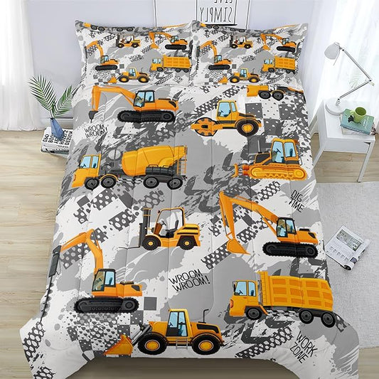 3-Pcs Construction Kids Bedding Set for Boys, Reversible Twin Truck Bed Comforter Set, Cartoon Excavator Car Printed Bedding Sets with Tire Marks - LeafyLoom