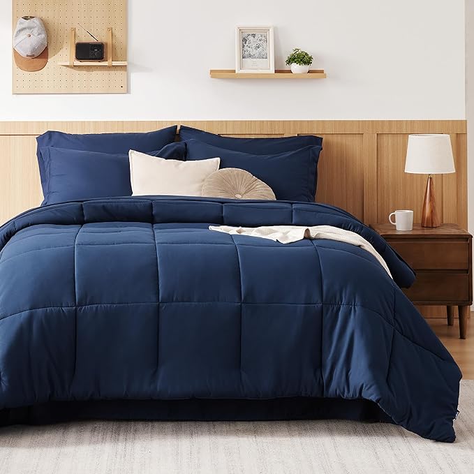 Bedsure Navy Bedding Sets Queen - 7 Pieces Solid Queen Bed in a Bag, Queen Bed Set Navy with Quilted Warm Fluffy Comforters, Sheets, Pillowcases & Shams - LeafyLoom