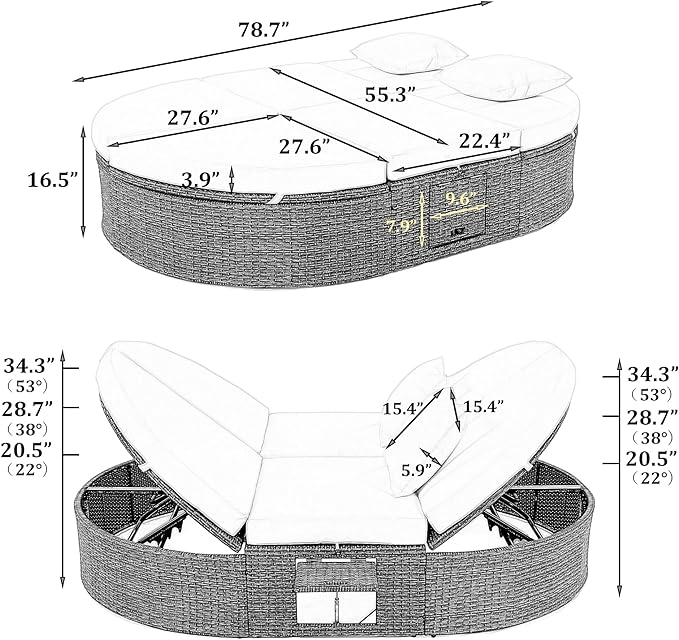 Outdoor DayBed Patio 2-Person Rattan Sun Bed Reclining Chaise Lounge with Adjustable Backrests, Foldable Cup Trays and Pillows, for Lawn,Poolside, Beige - LeafyLoom