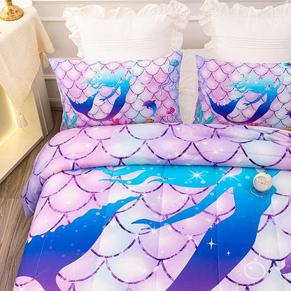 CVHOUSE Mermaid Comforter Set,Rainbow Mermaid Bedding Set for Girls Kids Teens,Rainbow Mermaid Comforter Mermaid Duvet Set Room Decor Quilt Set Queen Size - LeafyLoom