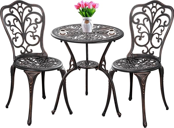 Outdoor Bistro Set 3 Piece Patio Bistro Set with Umbrella Hole, Weather Resistant Bistro Table and Chairs Set of 2 for Porch Garden, Bronze - LeafyLoom