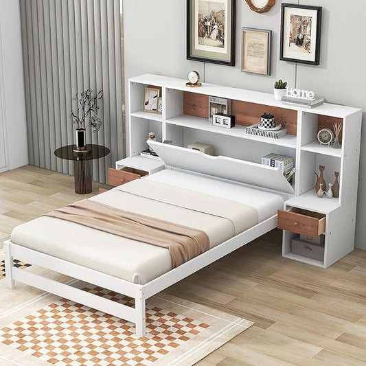 Merax Wood Bed Frame with Storage Headboard and Drawers, Twin Size Platform Bed with Nightstands, No Box Spring Needed White - LeafyLoom