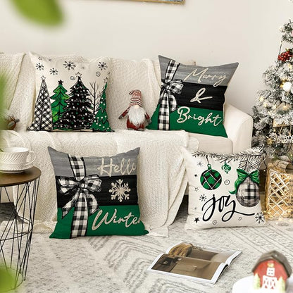 AVOIN colorlife Merry Christmas Joy Xmas Trees Green Throw Pillow Covers, 18 x 18 Inch Christmas Winter Holiday Cushion Case Decoration for Sofa Couch Set of 4 AVOINcolorlife