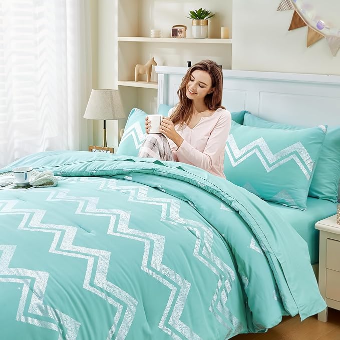 Wowelife 7 Pieces Comforter Set King Size Teal Silver Bedding Set Glitter Kids Bedding Set Blue Bed in a Bag Girls with Comforter, Flat Sheet, Fitted Sheet, 2 Pillow Shams and 2 Pillowcases - LeafyLoom