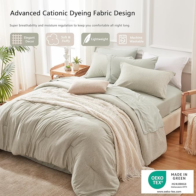 UNILIBRA 7-Piece Queen Comforter Set - Sage Green Cationic Dyeing Bedding Set with Comforter, Sheets, Pillowcases & Shams - LeafyLoom