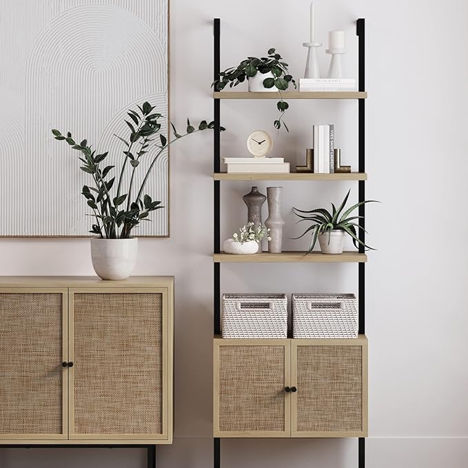 Nathan James Theo Ladder 3 tier Open Bookshelf with Rattan Drawers and Matte Steel Frame, Light Oak/Black - LeafyLoom