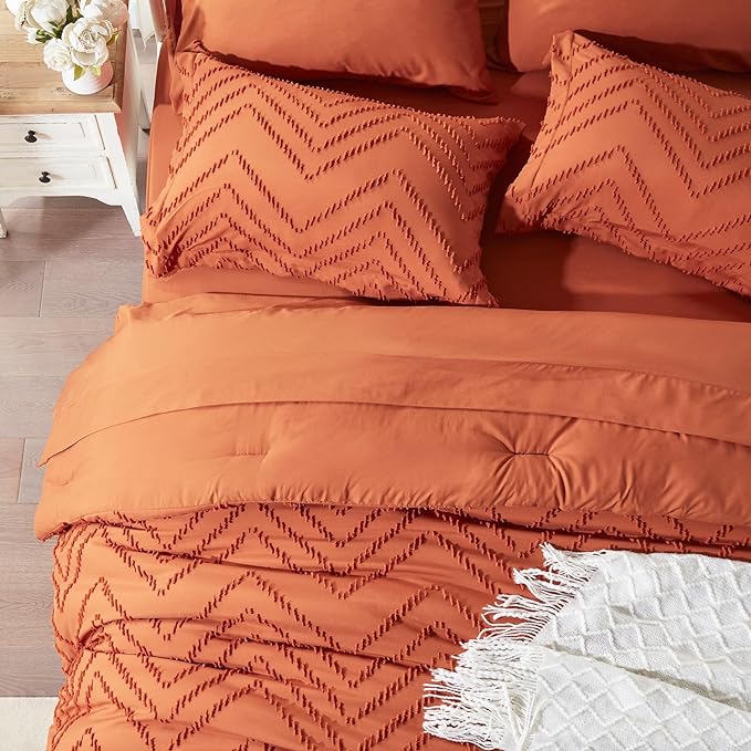 Anluoer Full Comforter Set, Burnt Orange Tufted Bed in a Bag 7 Pieces with comforters and sheets, All Season Bedding Sets with 1 Comforter, 2 PillowShams, 2 Pillowcases, 1 Flat Sheet, 1 Fitted Sheet - LeafyLoom