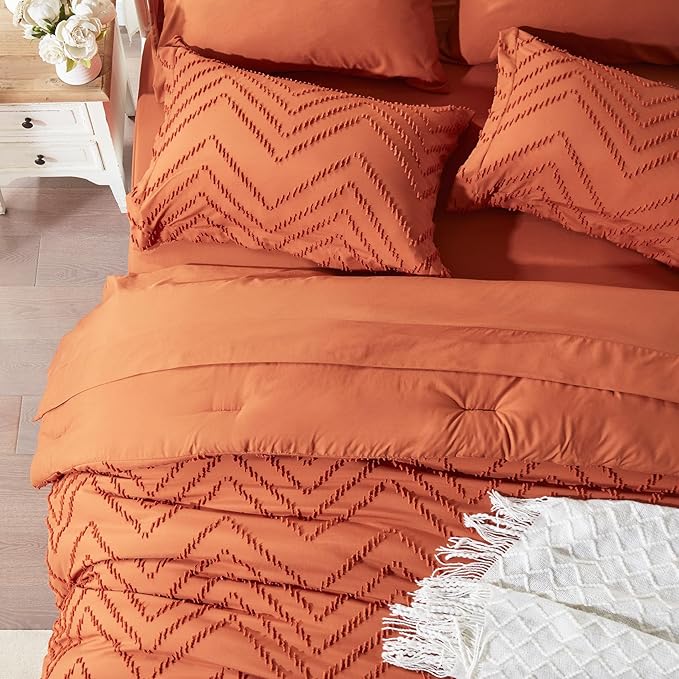 Anluoer Queen Comforter Set, Burnt Orange Tufted Bed in a Bag 7 Pieces with comforters and sheets, All Season Bedding Sets with 1 Comforter, 2 PillowShams, 2 Pillowcases, 1 Flat Sheet, 1 Fitted Sheet - LeafyLoom