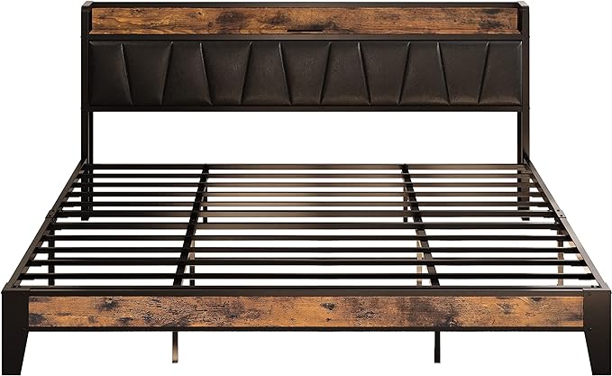 LIKIMIO King Bed Frame, Storage Headboard with Charging Station, Solid and Stable, Noise Free, No Box Spring Needed, Easy Assembly (Vintage and Black) - LeafyLoom