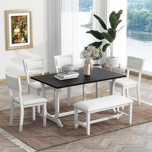 6-Piece Wood Rectangular Dining Table Set with 4 Upholstered Arched Back Chairs and Bench, for Kitchen, Living Room, Farmhouse, Dark Walnut+White, 59" L x 35.4" W x 30" H - LeafyLoom