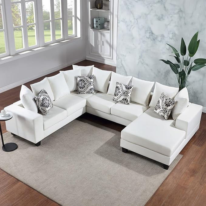 110" Modern U Shape Sectional Sofa, Velvet Corner Couch with Pillows, 6 Seat Sofa&Couch with Double Chaises for Living Room Furniture, Apartment, Office, Ushaped White - LeafyLoom