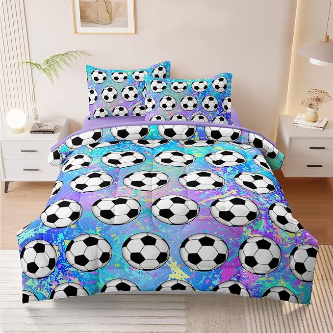 4 Piece Girls Soccer Bedding Set Twin Size Colorful Soccer Comforter Set for Teen Girls Kids Twin Bed in a Bag Set with Sheets Twin Bed Sets for Teenage - LeafyLoom