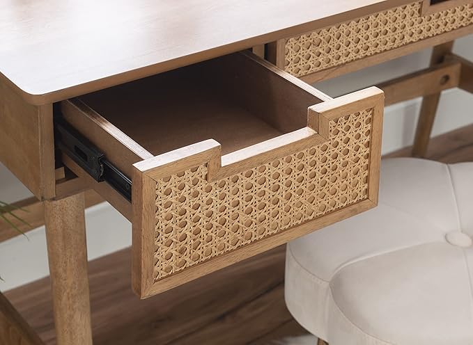 Linon Natural Dutton Wood and Rattan Desk - LeafyLoom