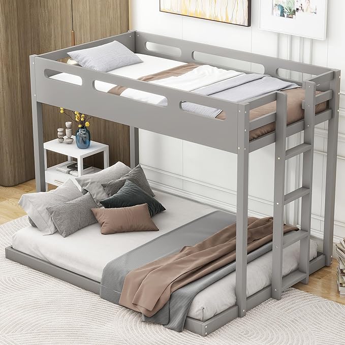 Twin Over Full Bunk Bed with Built-in Ladder, Solid Wood Floor Bedframe with Guardrail, Headboard and Footboard, for Kids Teens Adults, Bedroom/Dorm Bunkbeds, Gray - LeafyLoom