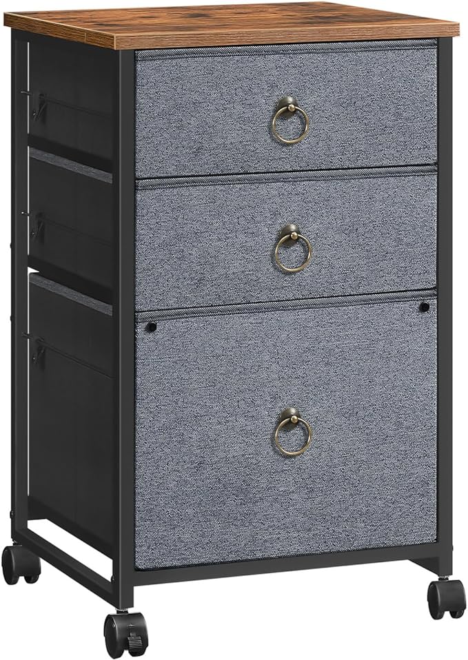 HOOBRO 3-Drawer Mobile File Cabinet, Vertical Filing Cabinet, Office Cabinet, Filing Cabinet for Home Office, Rolling Printer Stand, A4/Letter-Sized, Nonwovens Drawer, Rustic Brown and Gray BFG30WJ01 - LeafyLoom