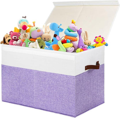 Large Toy Storage Box with Lid, Sturdy Toys Storage Chest Bin Organizer Basket with Dividers for Kids, Boys, Girls, Nursery, Closet, Bedroom, Playroom 25"x13" x16" (Purple and White) - LeafyLoom