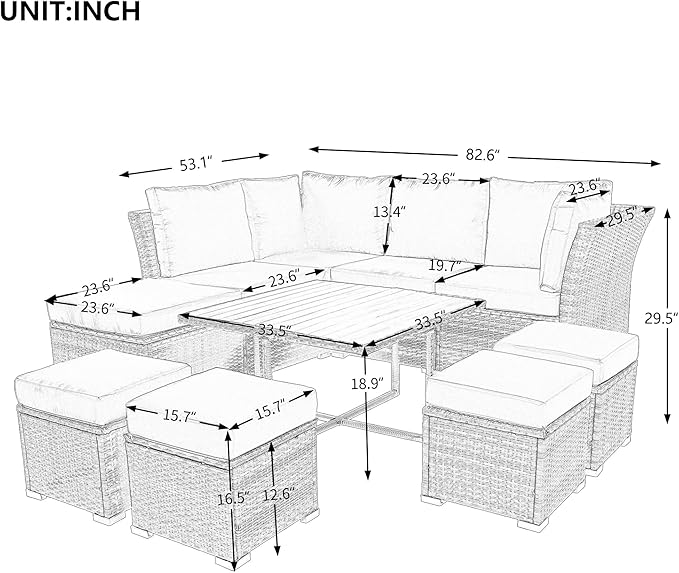 9 Piece Patio Furniture Set with Solid Wood Coffee Table and Ottomans, Rattan Modular Outdoor Sectional Conversation Sofa, for Garden Backyard, Onesize, Beige - LeafyLoom