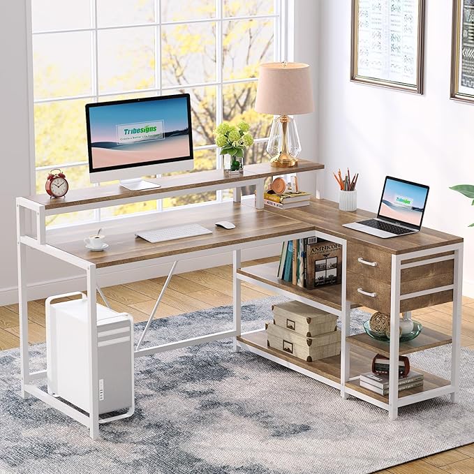 Reversible L-Shaped Computer Desk with hutch & Shelf,white - LeafyLoom