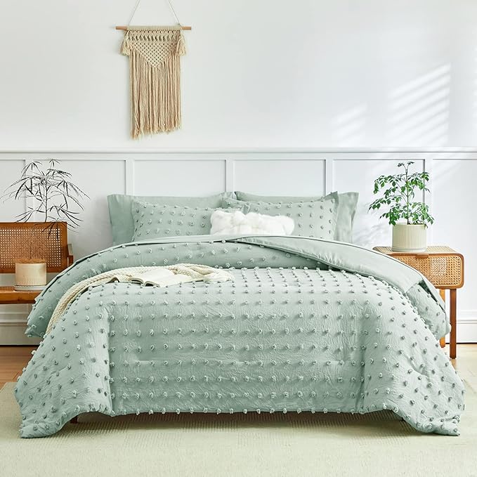 7 Pieces Tufted Dots Bed in a Bag Queen Comforter Set with Sheets Green , Soft and Embroidery Shabby Chic Boho Comforters, Solid Color with Pom Pom Design, Jacquard Tufts Bedding Set for All Season - LeafyLoom