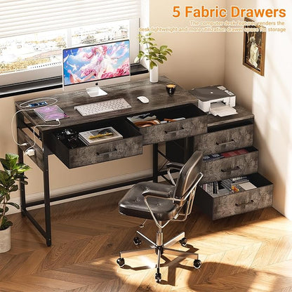 Unikito Computer Desk with 5 Drawers, Reversible Home Office Desk with Power Outlets, Sturdy Writing Desk with File Cabinet and Printer Stand, Vanity Desk with Storage for Small Space, Black Oak - LeafyLoom