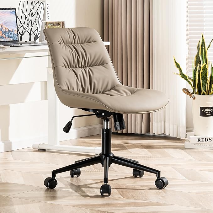 Kidol & Shellder Armless Office Chair Desk Chair Comfy Makeup Vanity Chair with Back Ergonomic Swivel Chair Home Office Desk Chairs with Wheels Rolling Computer Chair Bedroom Accent Chair(Khaki) - LeafyLoom