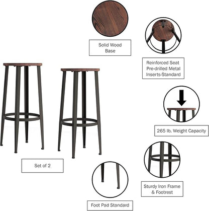 Home Lavish Bar Height Stools-Backless Kitchen or Dining Room Metal Base, Wood Seat- Modern Farmhouse Accent Furniture (Set of 2) - LeafyLoom