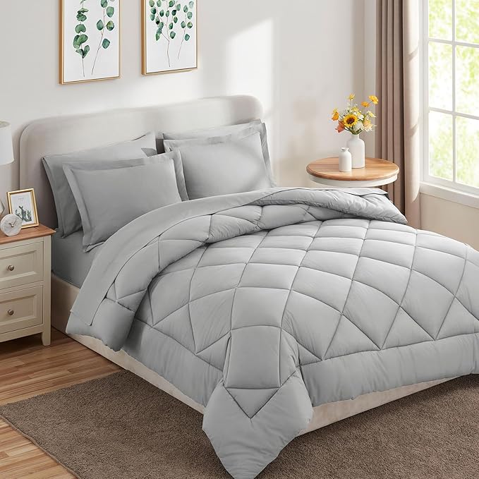 CozyLux Queen Bed in a Bag 7-Pieces Comforter Set with Sheets Light Grey All Season Bedding Sets with Comforter, Pillow Shams, Flat Sheet, Fitted Sheet and Pillowcases - LeafyLoom