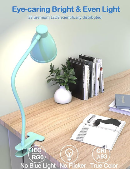 BOHON Desk Lamp with Clamp, 10W 38 LED Clip on Light, 3 Color 10 Brightness Auto Off Timer, Flexible Gooseneck Clip Lamp, Desk Lights for Office Home Bed Bedside Reading, Adapter Include, Teal - LeafyLoom