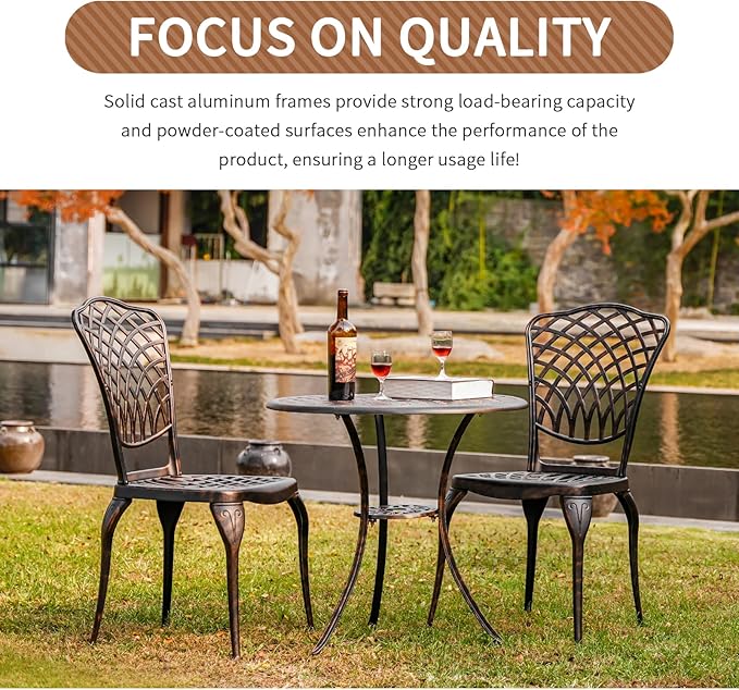 Bronze Patio Bistro Set - 3 Piece Outdoor Cast Aluminum Furniture, Large Table & Chairs, Weather Resistant, Adjustable Foot Pads, Umbrella Hole - LeafyLoom