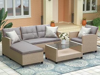 4 Piece Outdoor Patio Furniture Set, Sectional Conversation All-Weather Grey PE Wicker w/Seat Cushions for Backyard Porch Garden Poolside Balcony, Onesize, Oc-Gray - LeafyLoom