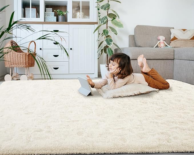 Softlife Rug for Bedroom 3x5 Feet Area Rug for Living Room Super Soft Shaggy Rugs for Kids Room Fluffy Fuzzy Carpets Long Plush Bedside Rug Nursery Christmas Home Decor for Boys Girls, Creamy White - LeafyLoom