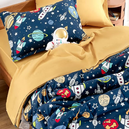 SLEEP ZONE Kids Twin Bedding Comforter Set - Super Cute & Soft Kids Bedding 5 Pieces Set with Comforter, Sheet, Pillowcase & Sham (Rocket Galaxy) - LeafyLoom