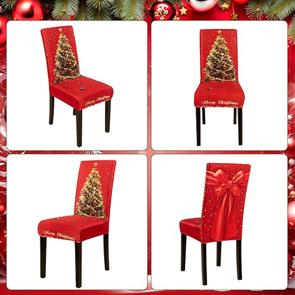 4PCS Christmas Dining Chair Covers Stretch Removable Washable Dining Room Chair Protector Slipcover 3D Print Xmas Tree Bow Tie Kitchen Chair Cover Slipcovers for Xmas Holiday Party Home Décor CZL