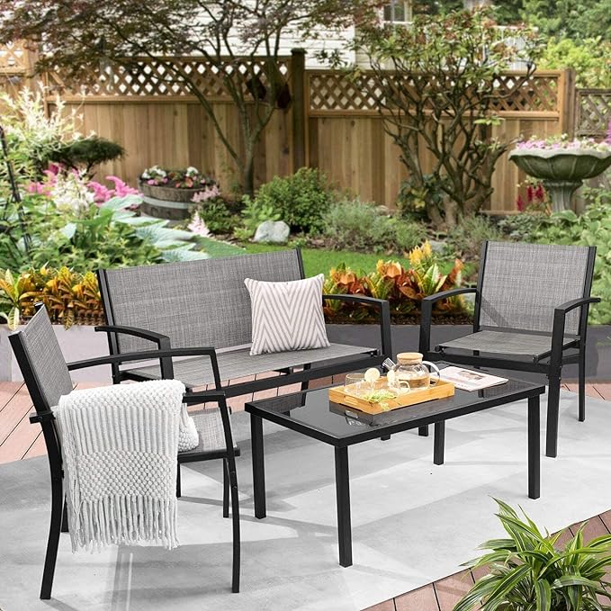 Greesum 4 Pieces Patio Furniture Set, Outdoor Conversation Sets for Patio, Lawn, Garden, Poolside with A Glass Coffee Table, Gray - LeafyLoom