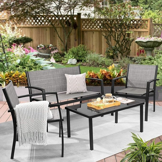 Greesum 4 Pieces Patio Furniture Set, Outdoor Conversation Sets for Patio, Lawn, Garden, Poolside with A Glass Coffee Table, Gray - LeafyLoom