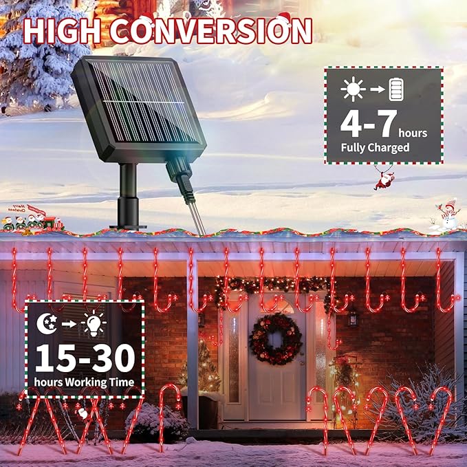 AOSEA Christmas Decorations Outdoor, 80 Red LEDs Solar Christmas Candy Cane Lights, 10 Pack Solar Pathway Lights with 8 Lighting Modes, Waterproof Solar Lights for Yard, Walkway, Lawn, Garden Decor AOSEA