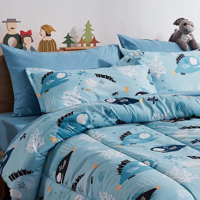 SLEEP ZONE Kids Bedding Comforter Set Full/Queen Size - Super Cute & Soft Kids Bedding 7 Pieces Set with Comforter, Sheet, Pillowcase & Sham (Little Fish) - LeafyLoom